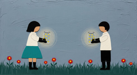 Two children holding glowing jars with fireflies, standing on grass with red flowers, facing each other, painted in textured, whimsical style, evoking sense of wonder and innocence