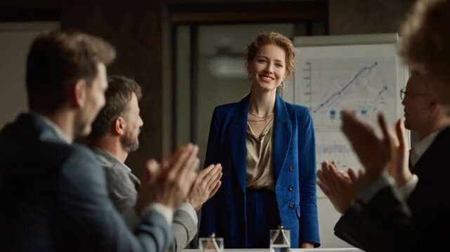 Business Triumph: A businesswoman in a professional setting confidently smiles and receives applause from her colleagues, highlighting her leadership and achievement.