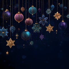 vector background with colorful christmas ornaments on a dark blue starry night background.