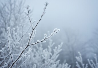 Obraz premium Delicate rime ice encases branches and natural elements, creating a breathtaking, frosty winter landscape under a cold, overcast sky ,natural ,frozen ,calm