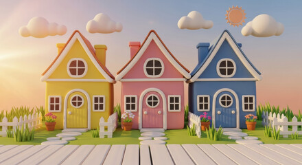 Colorful house cartoon sunrise garden fence flower grass cloud sun cheerful playful whimsical outdoor architecture cute fantasy morning vibrant happy landscape residential