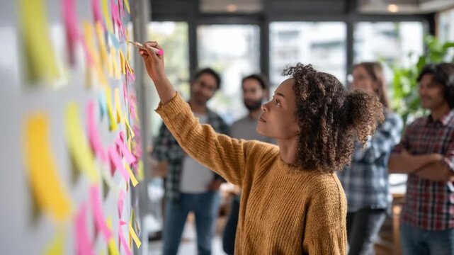 Strategic Visionaries: A focused leader, surrounded by her collaborative team, meticulously organizes ideas on a colorful array of sticky notes, planning for a future of innovation and progress.