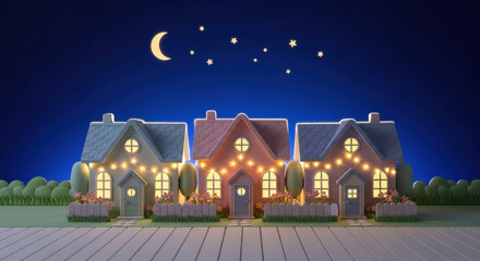 Three cozy houses with glowing lights, night sky, crescent moon, and stars, surrounded by bushes and flowers, create peaceful, whimsical neighborhood scene