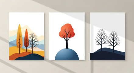 Minimalist landscape art print abstract tree illustration autumn color modern wall decor nature inspired contemporary design calm atmosphere shadow effect