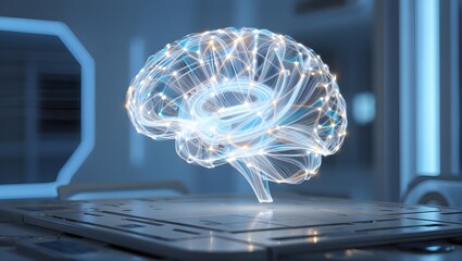 Futuristic brain visualization with glowing connections for AI research, modern technology concepts, and innovative neuroscience discoveries in the lab