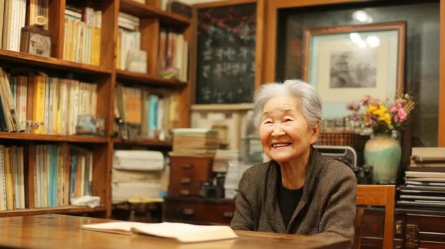 Literary Haven: An elderly woman, sits amidst a cozy library, embodying the wisdom and charm of a lifetime dedicated to knowledge. Surrounded by shelves overflowing with books.