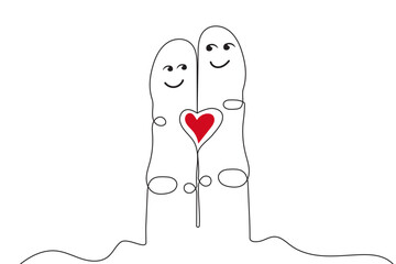 One line couple finger characters holding a red heart drawing , vector illustration