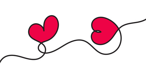 Two connected red hearts continuous one line drawing