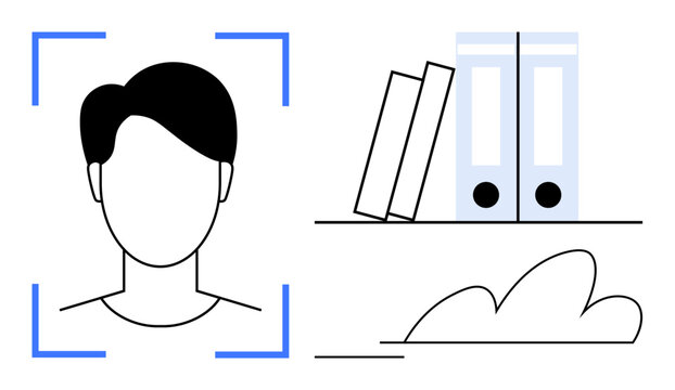 Face recognition frame around a person, bookshelf with files and books, and a cloud shape. Ideal for AI, technology, identity, data management, cloud storage organization privacy themes. Simple