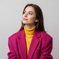 A fashionable young woman wearing bright clothes, thinking and smiling softly