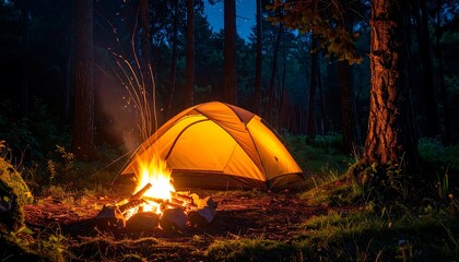 Illuminated tent by a blazing campfire in a lush forest under a twilight sky. Peaceful camping experience amid nature