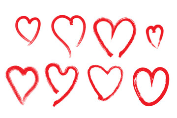 Collection of red heart brush strokes valentines day templates rough textured edges