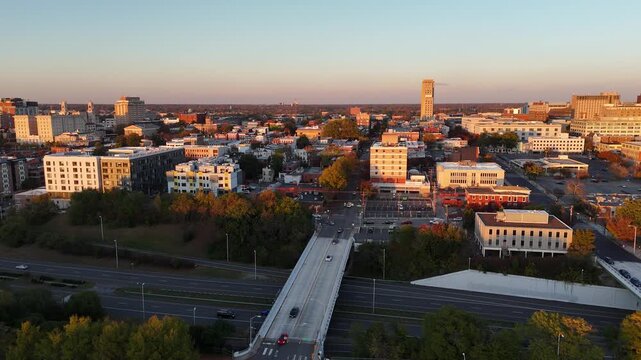 Richmond Virginia Downtown Skyline and Interstate Highway at Sunset 4K Aerial Drone Video