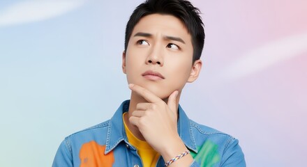 A young Asian man holding his chin, looking up thoughtfully, bright colorful casual outfit