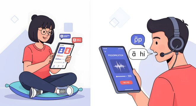 Illustrations of a woman and a man using a language learning and translation application on their tablets.