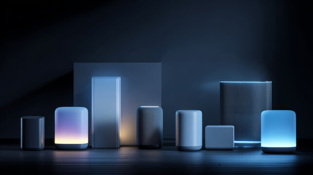 Sleek smart speaker wireless router mesh hub modern lamp ambient light minimalist gadget home device night scene blue glow soft shadow