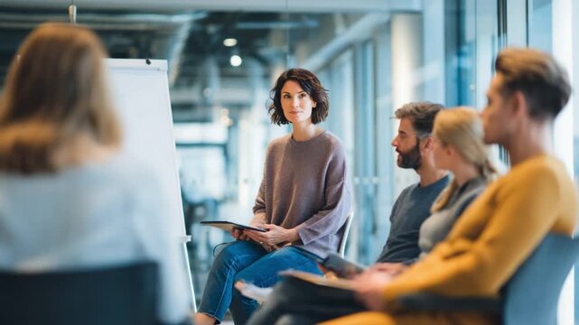 Collaborative Conversation: A focused team of individuals engages in a dynamic discussion, sharing ideas and insights around a central concept, fostering innovation and synergy.