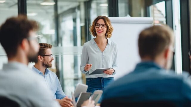 **Visionary Leadership: A dynamic female executive leads her team, delivering an inspiring presentation in a modern office, fostering collaboration and driving progress.**
