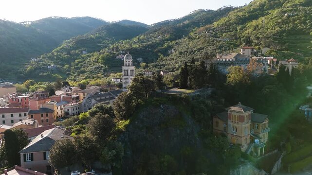 Flying above Levanto &mdash; stone tower, rooftops, and the gentle rhythm of the Italian seaside