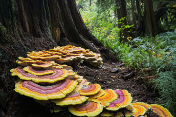 mystical woodland where colorful mushrooms grow in spirals along ancient tree trunks