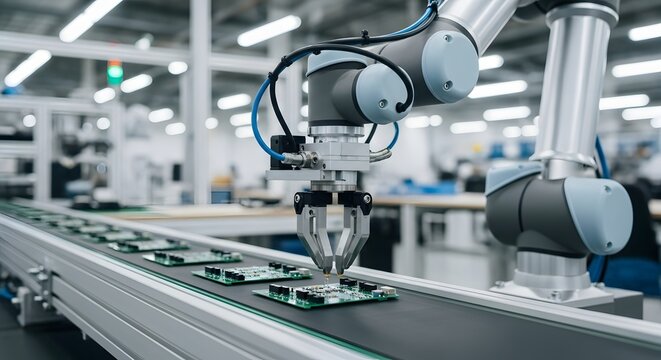 Robotic arm placing circuit boards on a conveyor belt in a modern, brightly lit factory setting.