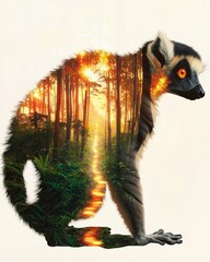 Obraz premium A Majestic Lemur Silhouette with a Lush Forest Reflection Bathed in Golden Sunrise Light Symbolizing Nature and Wildlife Conservation