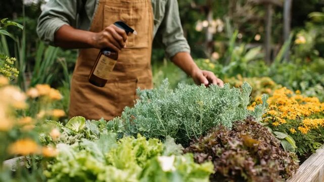 Garden scene with a person preparing plantbased pest control spray emphasizing sustainable and chemicalfree gardening methods.