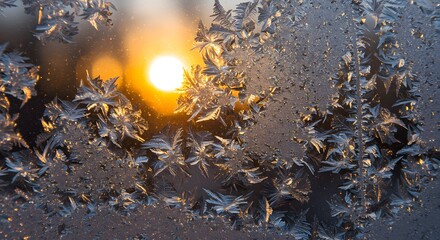 Frosty Window with Sun Shining Through, Winter Morning Scene.