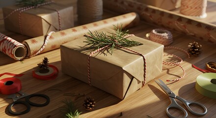 Gift wrapping with natural materials and tools on a wooden table in warm sunlight.