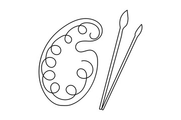 Continuous one line drawing of paint palette and brush minimalist outline art vector design
