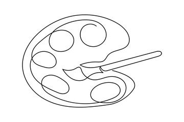 Continuous one line drawing of paint palette and brush minimalist outline art vector design

