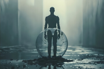 Obraz premium Isolated Fragmented Soul: Dark, solitary figure dissolving in a cracked glass sphere on a wet, post-apocalyptic urban ground. Surreal, profound concept
