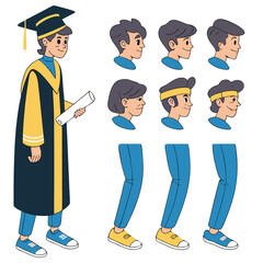 Cartoon Male Graduate Character Design with Multiple Head Variationsv