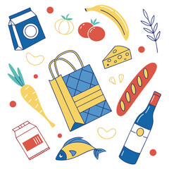 Colorful Grocery Shopping Illustration with Food and Market Items