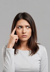 A young woman touching her temple with one finger, puzzled and analytical expression