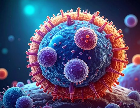 Microscopic illustration showcasing a colorful, spherical virus with spiky protein structures and surrounding, vibrant cell fragments