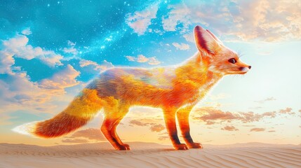 Ethereal Fox in Dreamy Desert Landscape, Radiant Colors, Starry Sky, Mystical Nature Scene, Whimsical Fantasy Atmosphere
