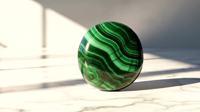 A polished green malachite sphere resting on a marble surface, illuminated by soft sunlight