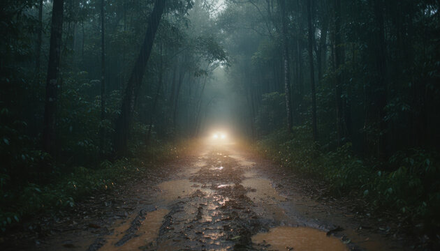 Vehicle headlights illuminate a dark, muddy forest road shrouded in mist, creating an eerie and mysterious atmosphere.