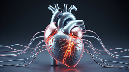 Futuristic 3D rendering of a metallic human heart integrated with glowing circuits and data cables, symbolizing medical technology, artificial intelligence, innovation in healthcare, and biotechnology