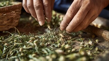 Closeup of hands manually stemming small batches of herbs using traditional artisanal techniques highlighting careful and precise craftsmanship.