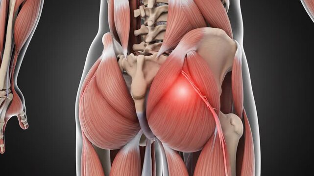3D Anatomical Visualization of Gluteal Muscles and Sciatic Nerve with Pain Highlight