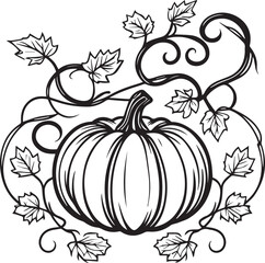 Autumn harvest pumpkin design black silhouette with curly leaves