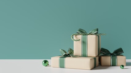 christmas gift boxes with green ribbon and christmas ornament. 3d rendering 