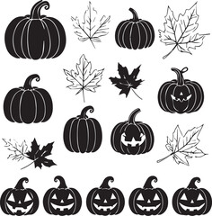 Autumn harvest pumpkin design black silhouette with curly leaves