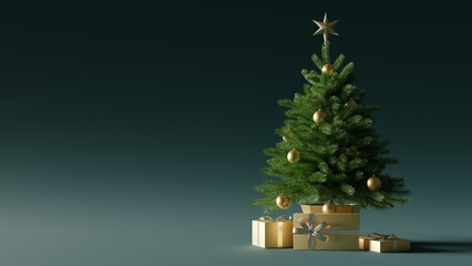 Christmas tree with gold ornaments and gifts. 3d rendering
