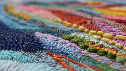 Closemedium perspective highlighting the process of layering multiple embroidery stitches to build rich dimensional textile art.