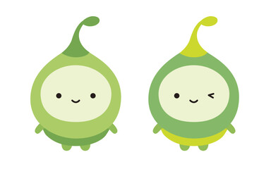 Adorable illustration of two smiling green characters. One winks mischievously. Perfect for nature, health, environment, or children's education themes.