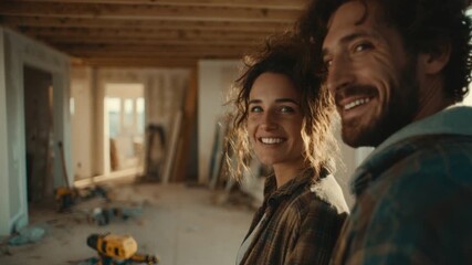 Joyful couple sharing a moment in a construction site with natural light illuminating their smiles while surrounded by tools and unfinished walls
