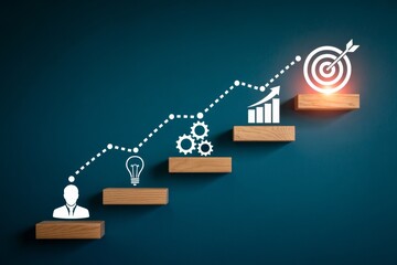 Business growth steps with icons and dotted line on dark blue